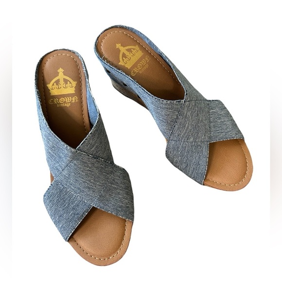 Crown Vintage cork platform heels with stretch denim like fabric size 8 - Picture 2 of 7